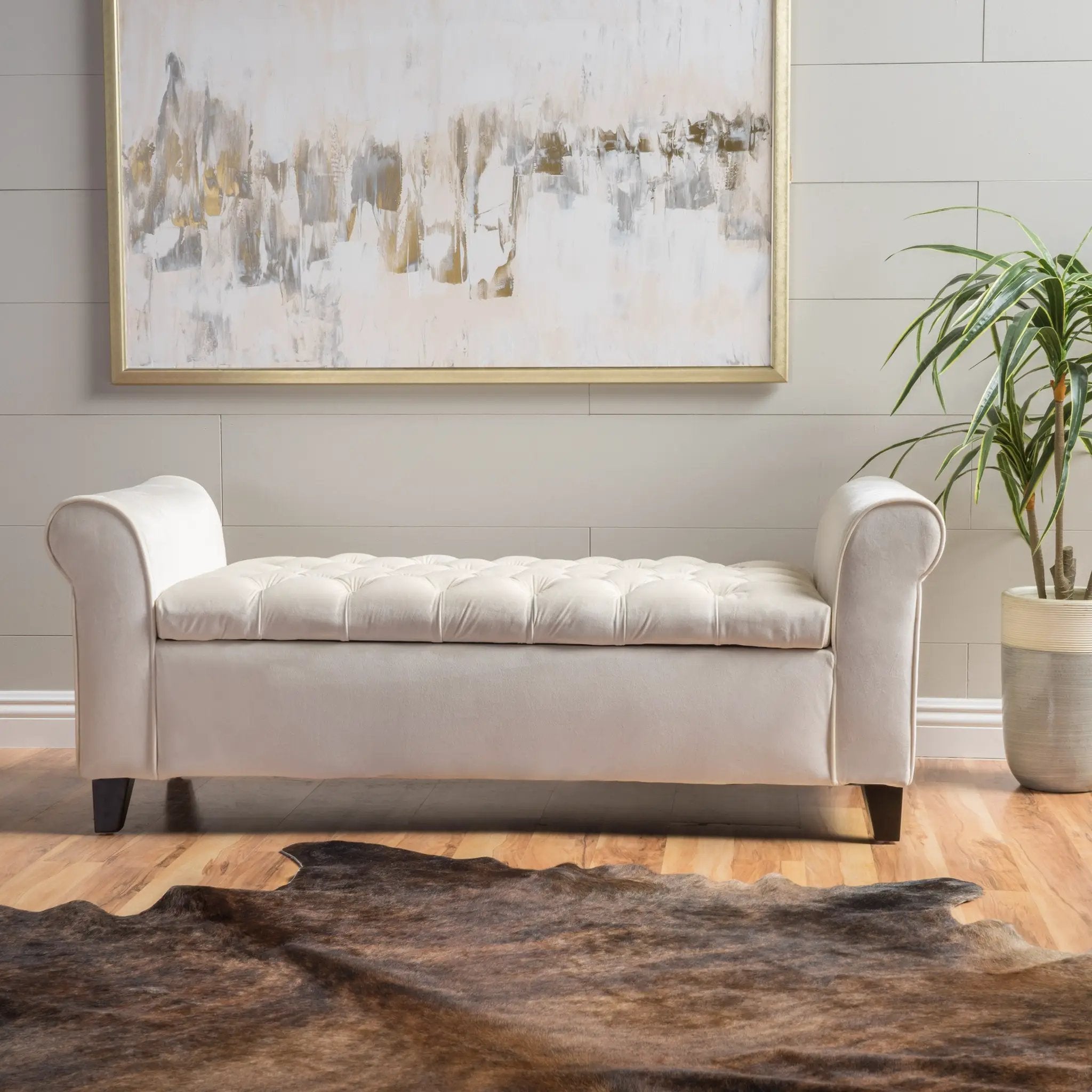Ivory Fabric Storage Bench with Rolled Arms by HouseOfZazla