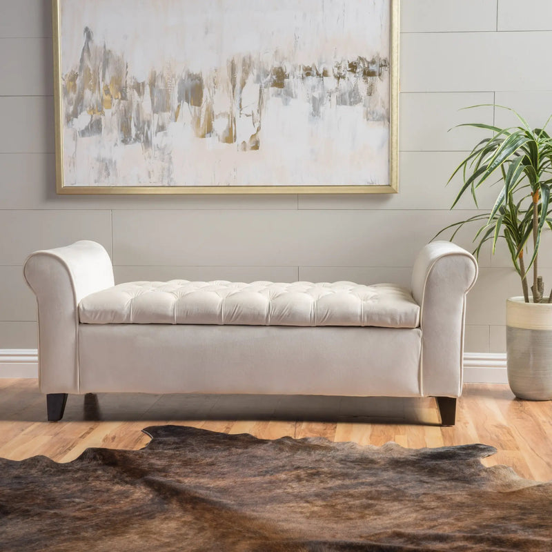 Ivory Fabric Storage Bench with Rolled Arms by HouseOfZazla