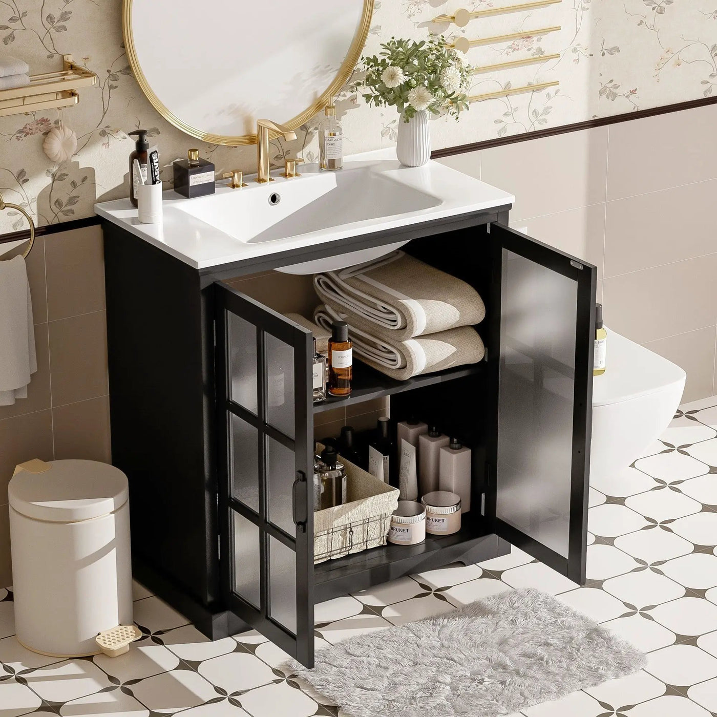 Modern Bathroom Vanity With Ceramic Sink, Tempered Blurred Glass Doors by HouseOfZazla
