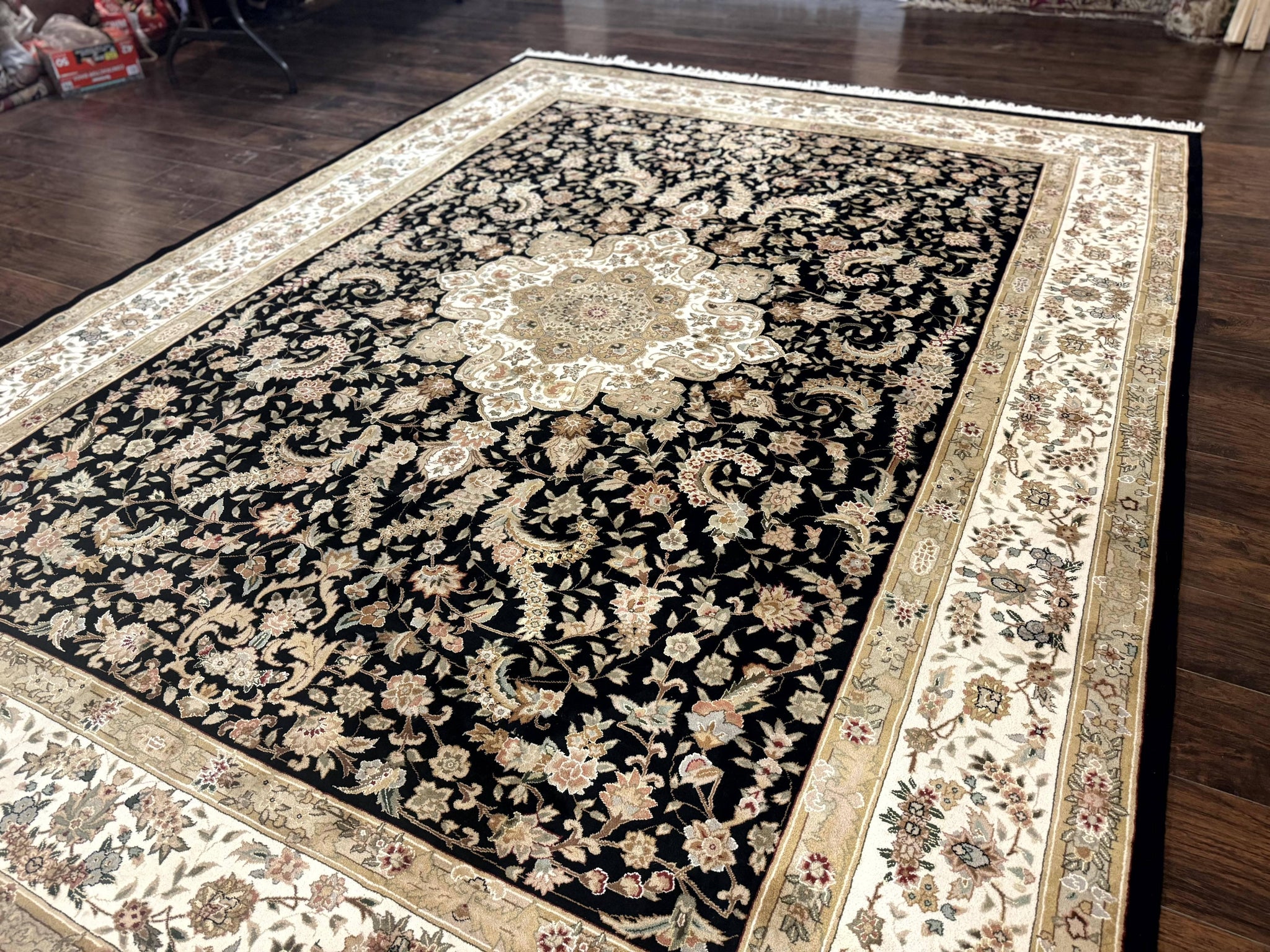Sino Persian Rug 9x12, Floral Medallion, Black and Ivory, Elegant by Jewel Rugs