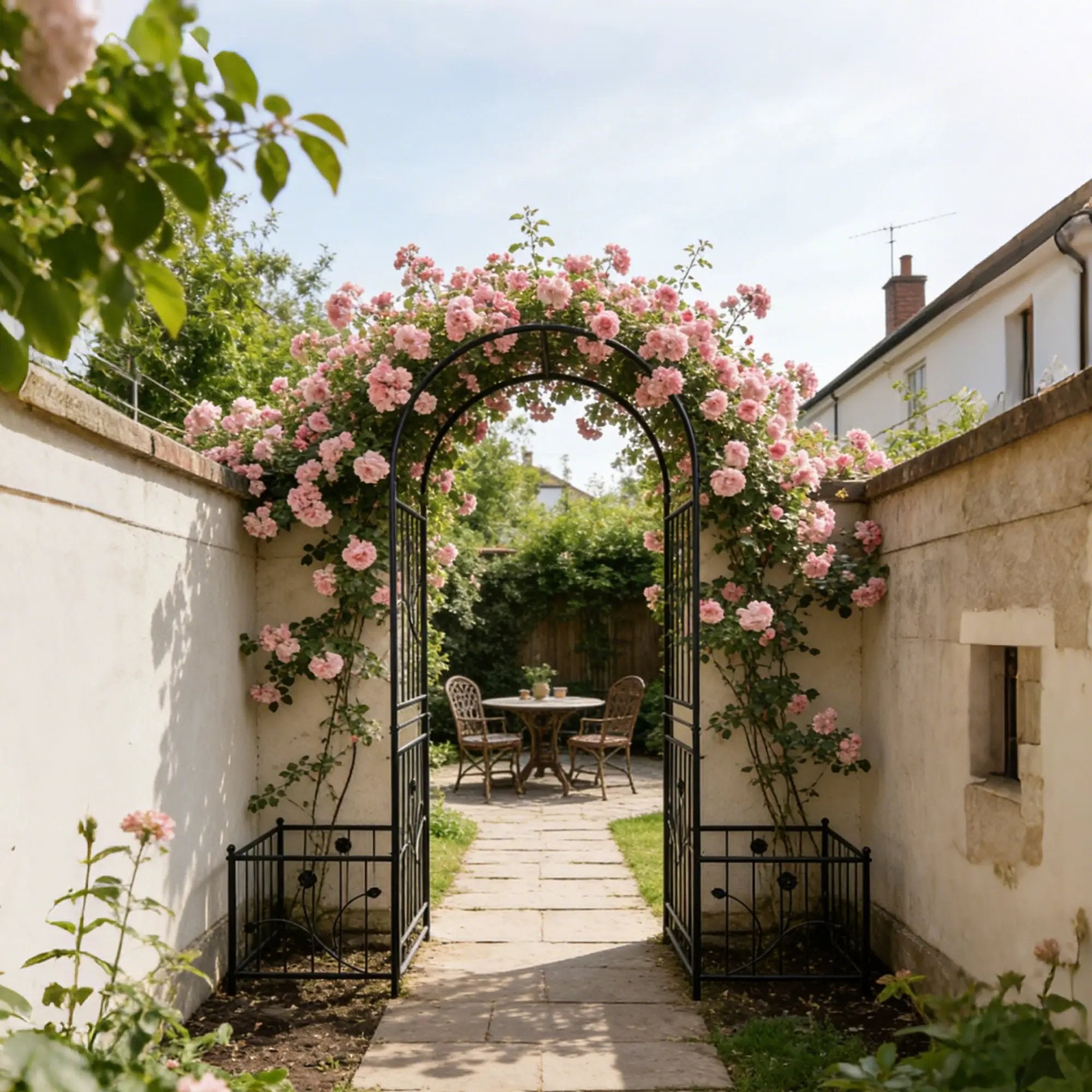 Metal Garden Arch With Two Plant Stands Wide High Climbing Plants Support Rose Arch Outdoor - Black by HouseOfZazla