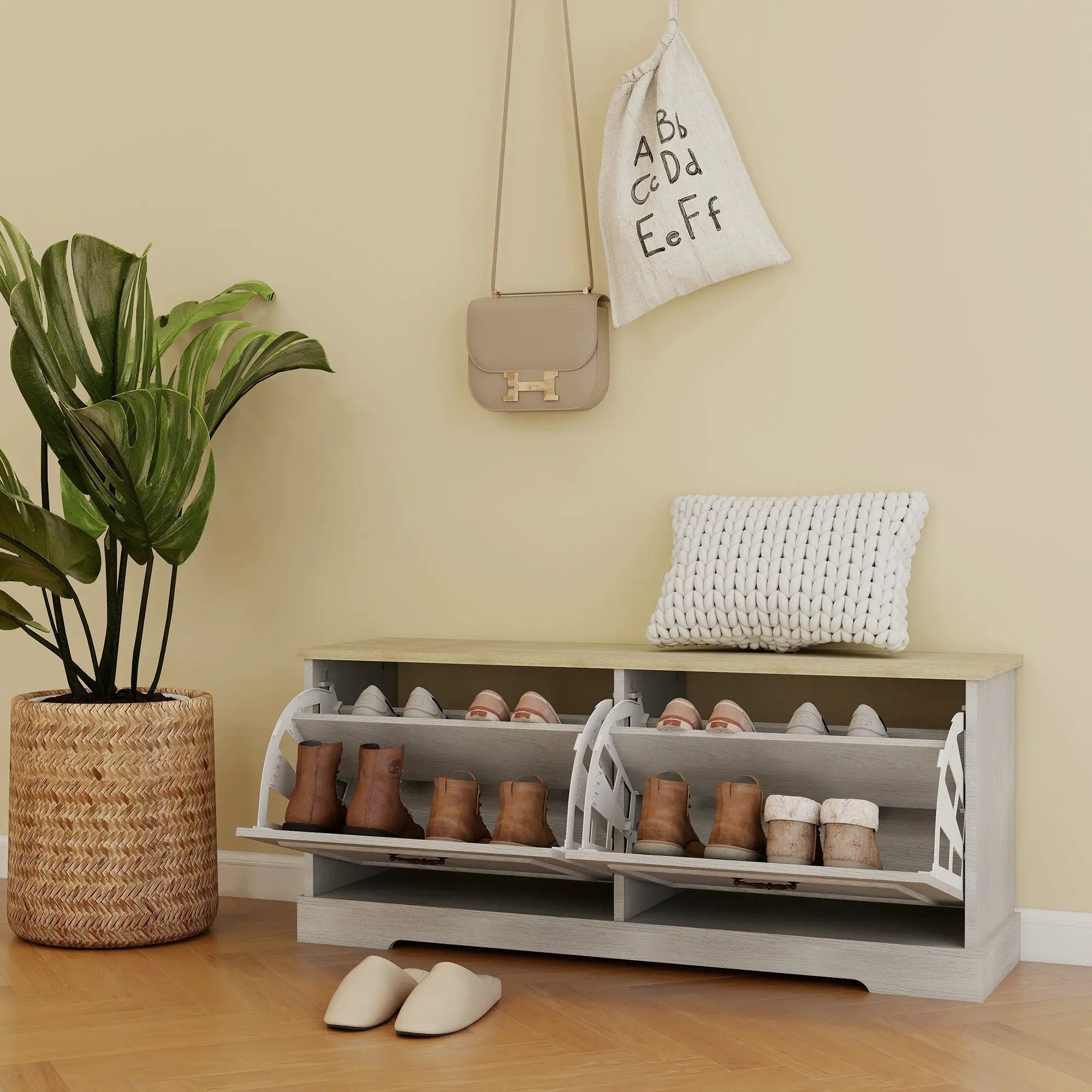 Shoe Storage Bench with 2 Flip Drawers and Adjustable Shelf - Antique by HouseOfZazla