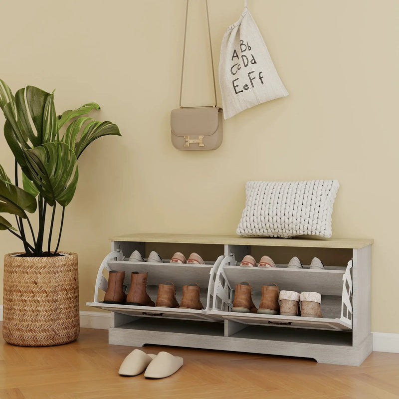 Shoe Storage Bench with 2 Flip Drawers and Adjustable Shelf - Antique by HouseOfZazla