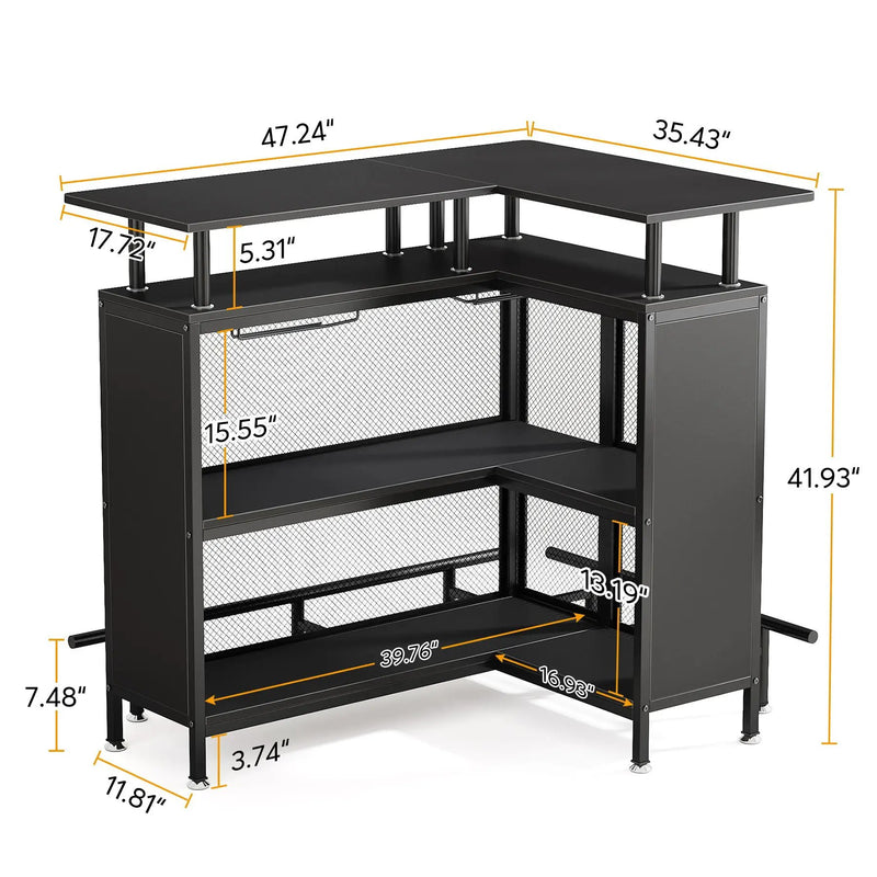 L Shaped Home Mini Bar Table With 2 Tier Shelves & Glass Racks - Black