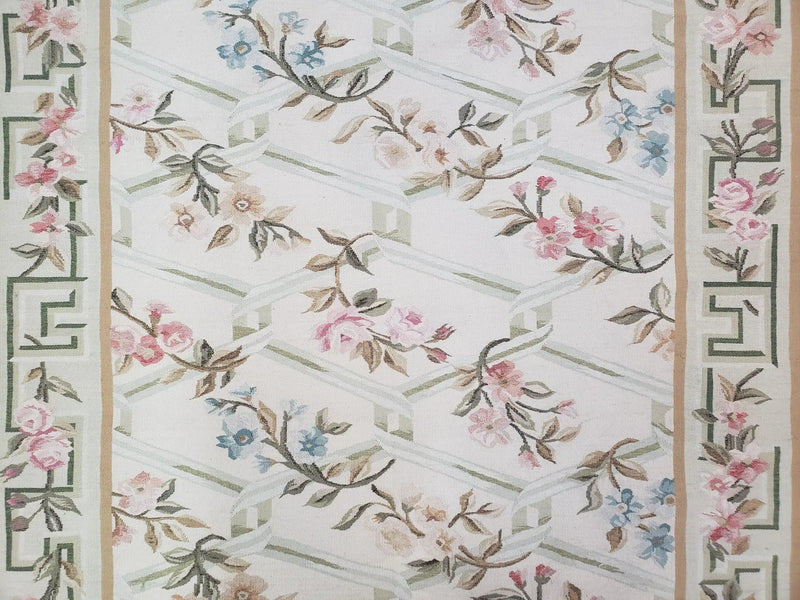 Vintage Aubusson Area Rug, Aubusson Flat weave Carpet, Floral Geometric Pattern, Beige Teal Green, 4x6 Rug, European Design by Jewel Rugs