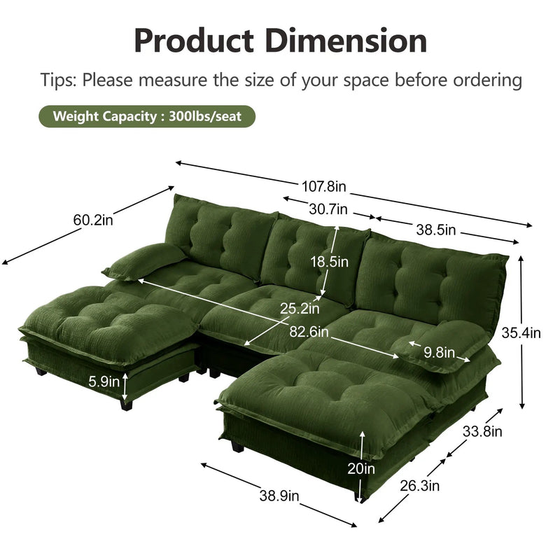 107" U Shaped Modern Sofa Modular Sectional Cloud Couch with Ottomans by HouseOfZazla