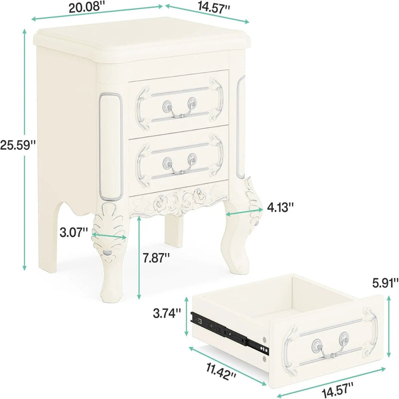 Carved Nightstand With 2 Drawers, Bedside Table - White
