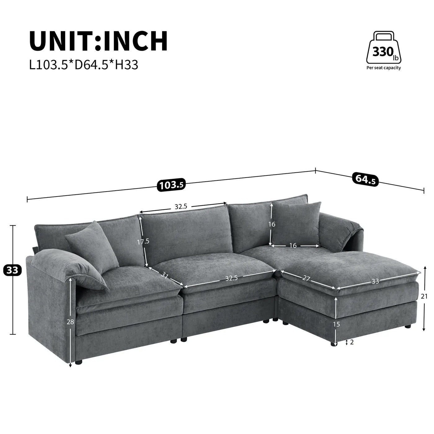 Modular Sectional With Deep And Wide Seat, Cloud Couch Set With Double Cushions Sofa With Movable Ottoman by Unique Piece Furniture