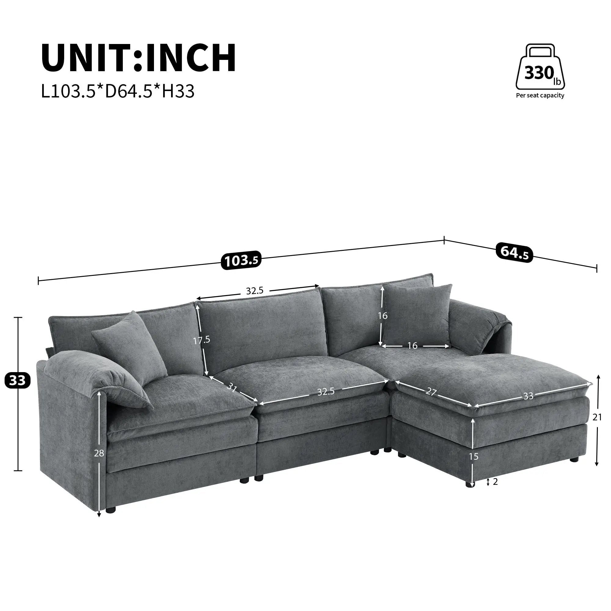 Modular Sectional With Deep And Wide Seat, Cloud Couch Set With Double Cushions Sofa With Movable Ottoman by Unique Piece Furniture