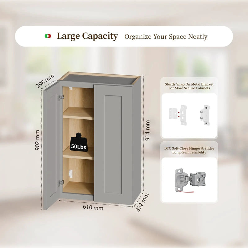 Gray Shaker Solid Wood Wall Cabinet with Soft-Close Doors by HouseOfZazla