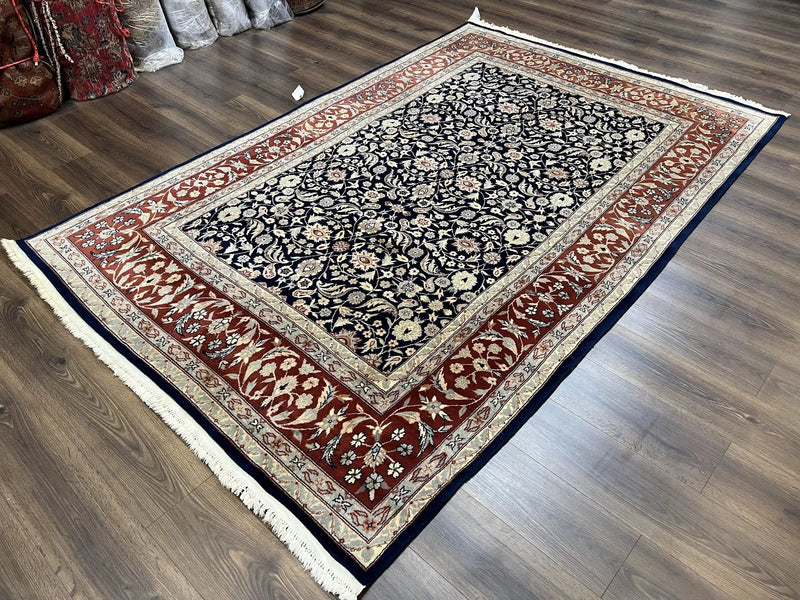 Indo Sarouk Rug 6x9, Vintage Indian Persian Rug, Wool Oriental Carpet, Navy Blue Red Allover Floral Rug, Traditional Very Fine Rug, Area Rug by Jewel Rugs