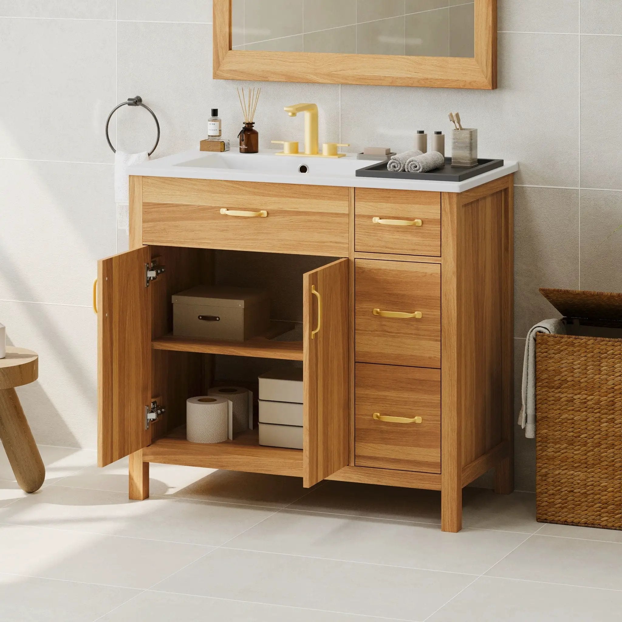 Bathroom Vanity, 2 Soft Close Doors, 3 Soft Close Drawers, Adjustable Shelf - Wood by Unique Piece Furniture