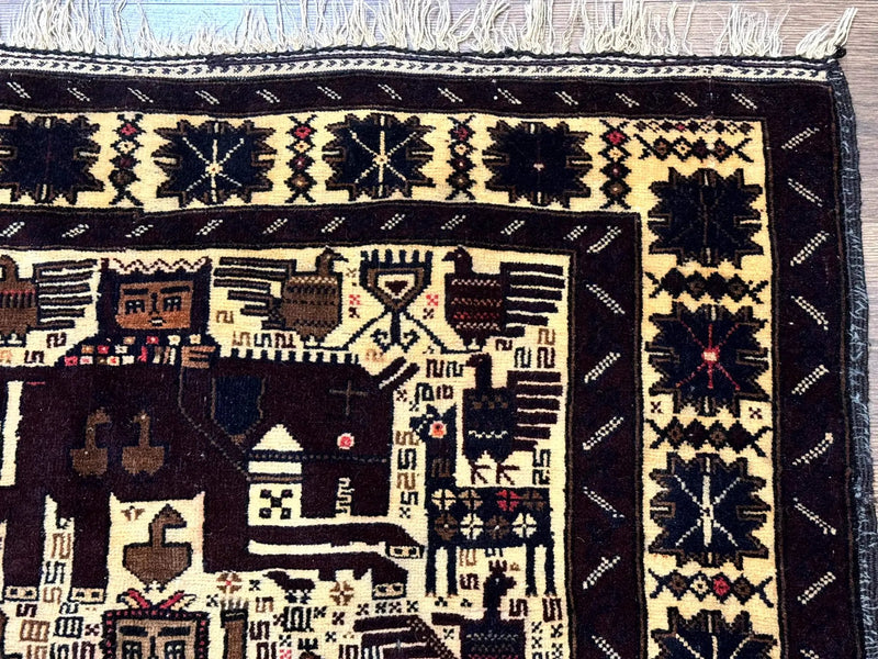 Persian Baluch Tribal Rug 4x6, Human and Bird Pictorials, Vintage, Wool, Collectible by Jewel Rugs