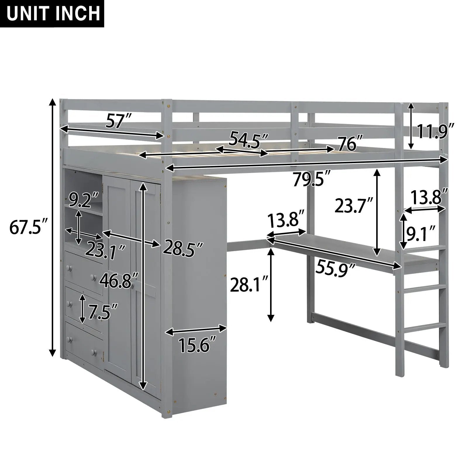 Loft Bed With Built In Wardrobe, Shelves And Drawers