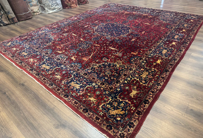 Antique Indo Persian Kerman Rug 9x12 Red Manchester Wool Animal Pictorials, Fine 290 KPSI by Jewel Rugs