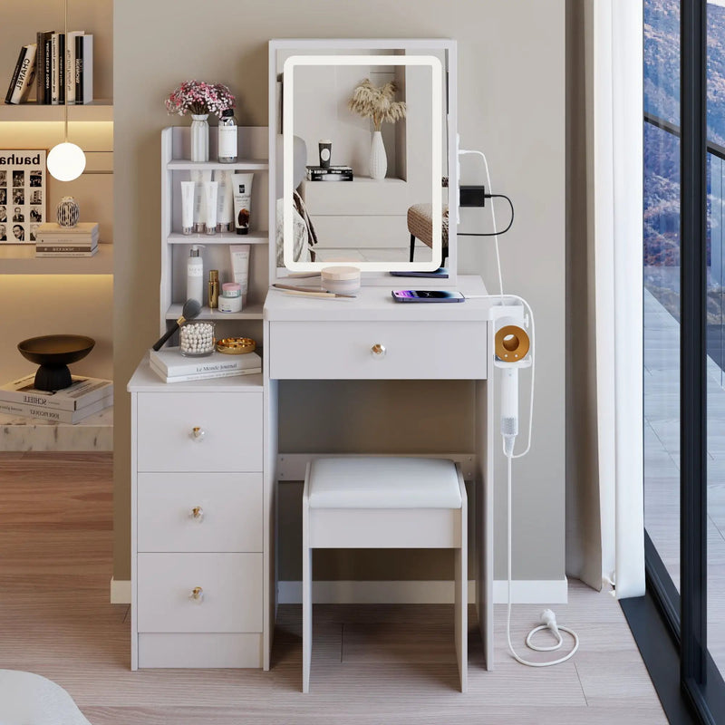 Cabinet Vanity Table & Cushioned Stool, USB Power Station, Hair Dryer Bracket - White by Unique Piece Furniture