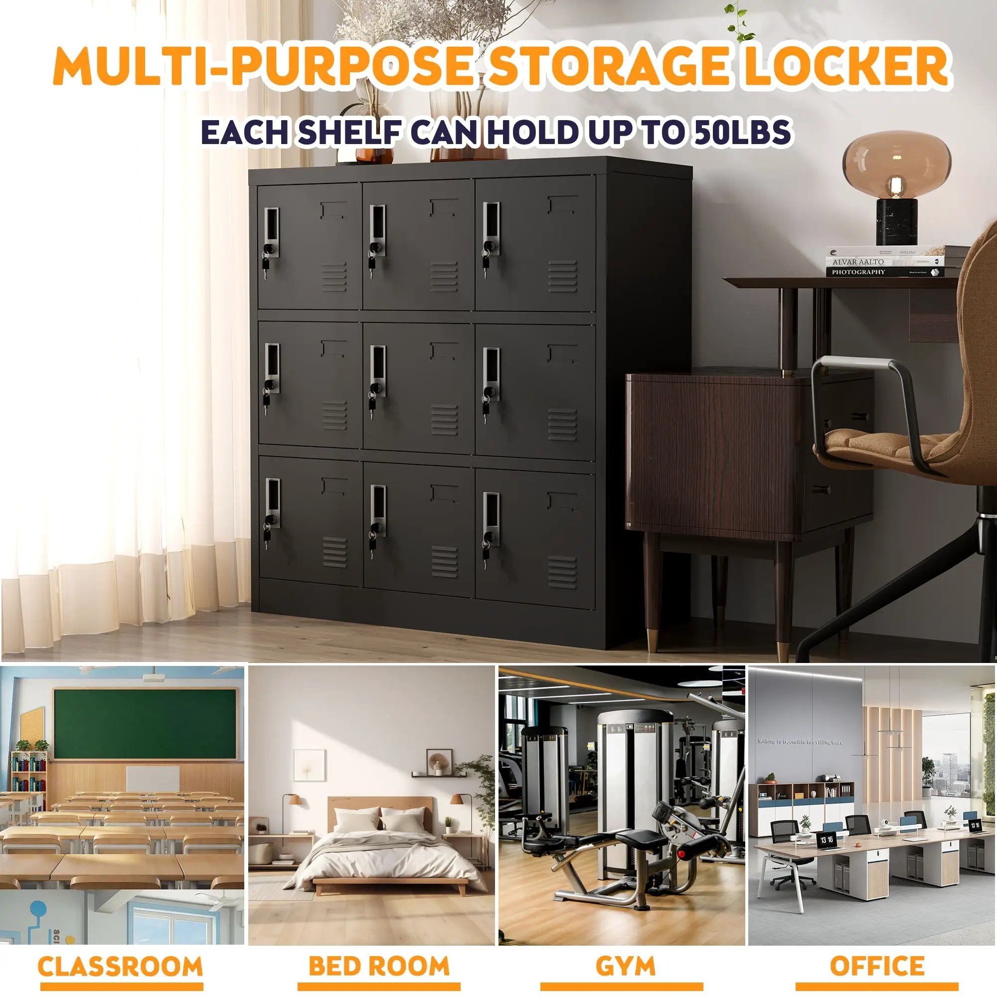 9 Door Employee Storage Locker With Card Slot, Lockers For Office, Gym, School, And Home - Black by Unique Piece Furniture