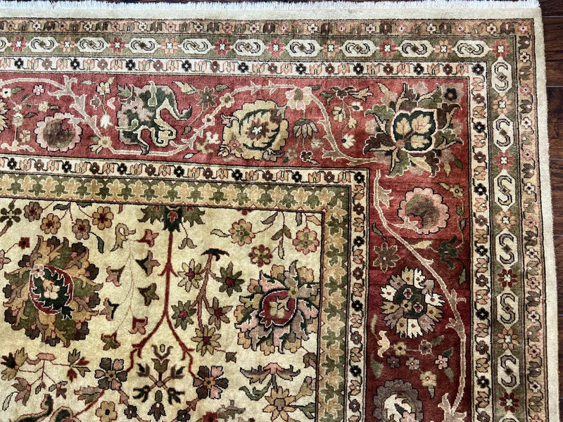 Large Indian Rug 10x14, Hand Knotted Indo Persian Gandehar Oriental Carpet, Vintage Wool Rug 10 x 14 ft Cream Red Floral Allover Traditional by Jewel Rugs