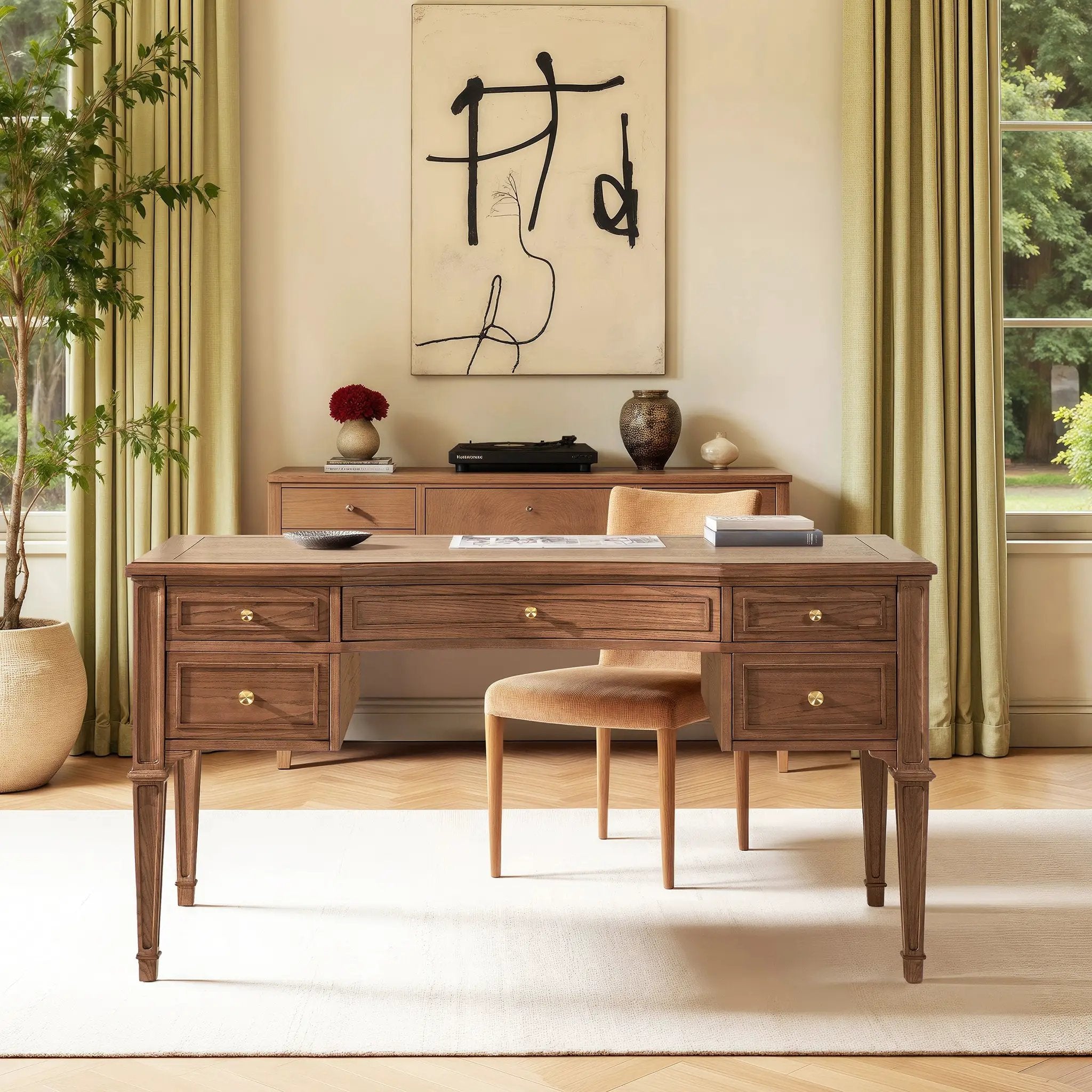 Dauphin Gold Accent 5-Drawer Wood Executive Desk Brown Ash Wood & Veneer by HouseOfZazla