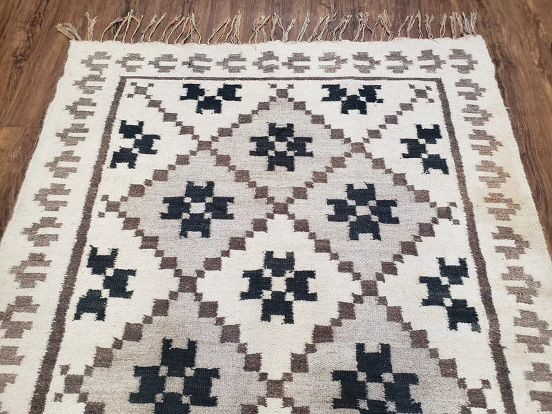 Semi Antique South American Blanket 4x8, Wool Hand-Woven Flatweave Kilim Rug, Handmade Antique Vintage Runner, Ivory & Blue, Diamond Panel by Jewel Rugs