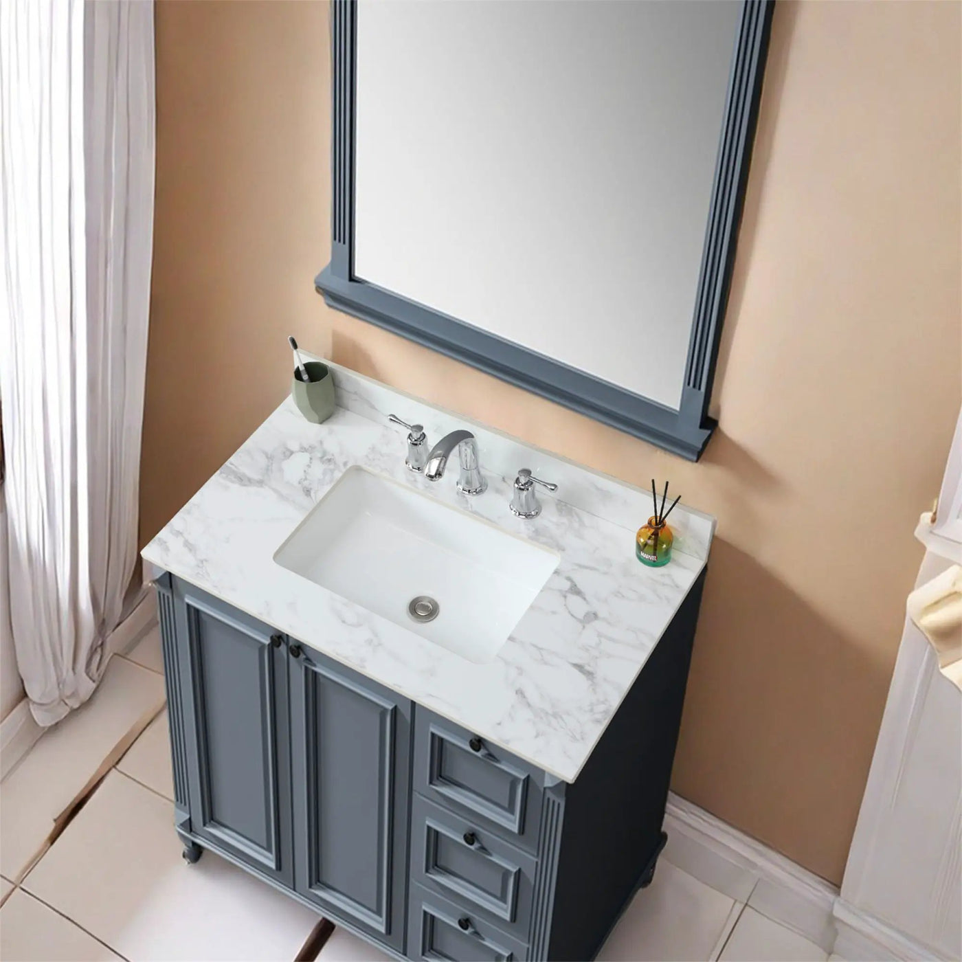 Elegant Sintered Stone Bathroom Vanity Top With Rectangular Undermount Ceramic Sink by HouseOfZazla