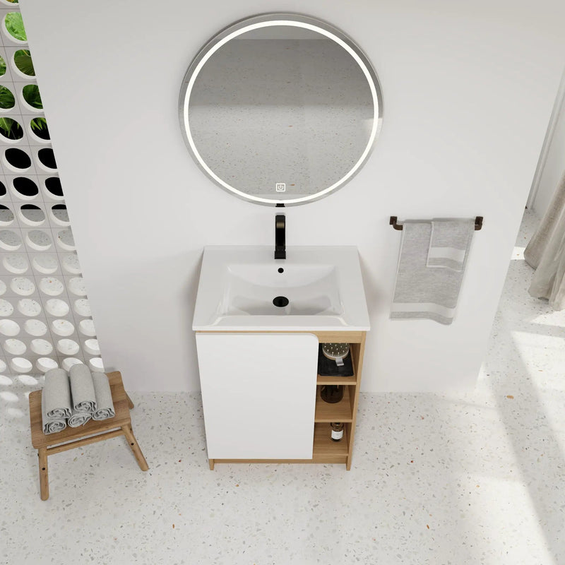 Freestanding Bathroom Vanity With Thin Rim Sink, Single Door With 4 Tier Open Shelves - Light Oak / White by Unique Piece Furniture