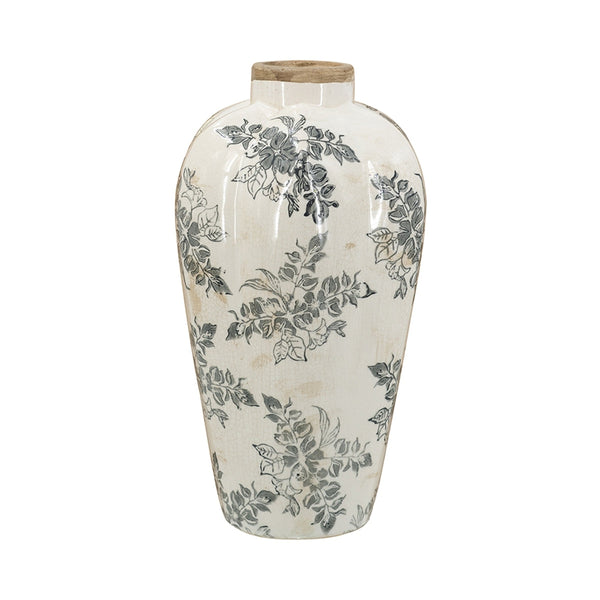 8.1x8.1x13.6' White Ceramic Accent Vase with Gray Floral Design