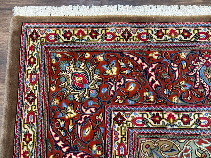 Persian Qum Rug 7x11, Beige and Red, Highly Detailed Floral Pattern, Fine 260 KPSI by Jewel Rugs