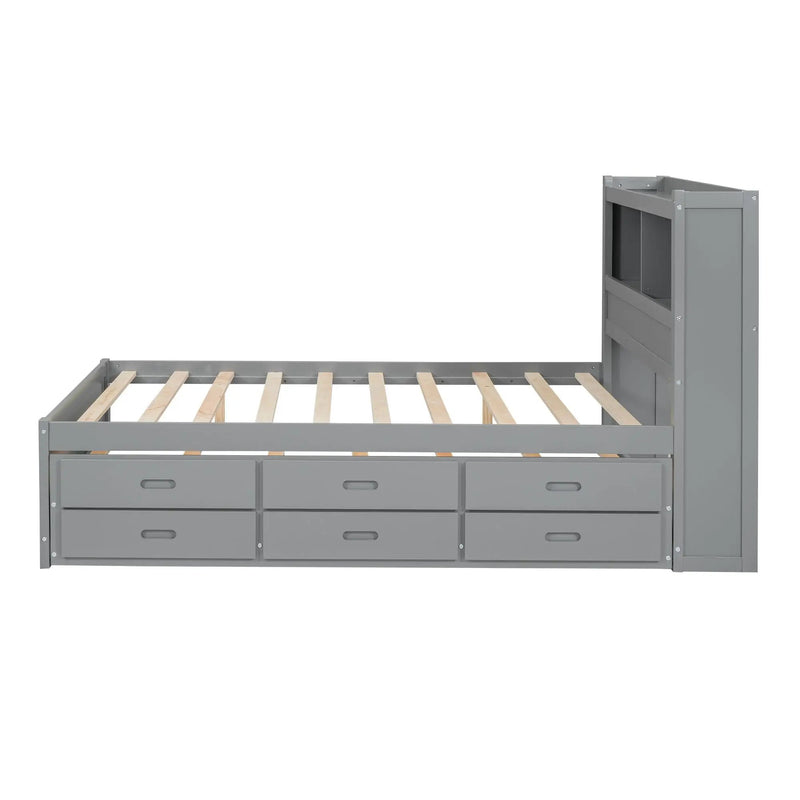 Full Size Platform Bed With Trundle, Drawers, USB Ports And Built In Shelves - Gray by HouseOfZazla