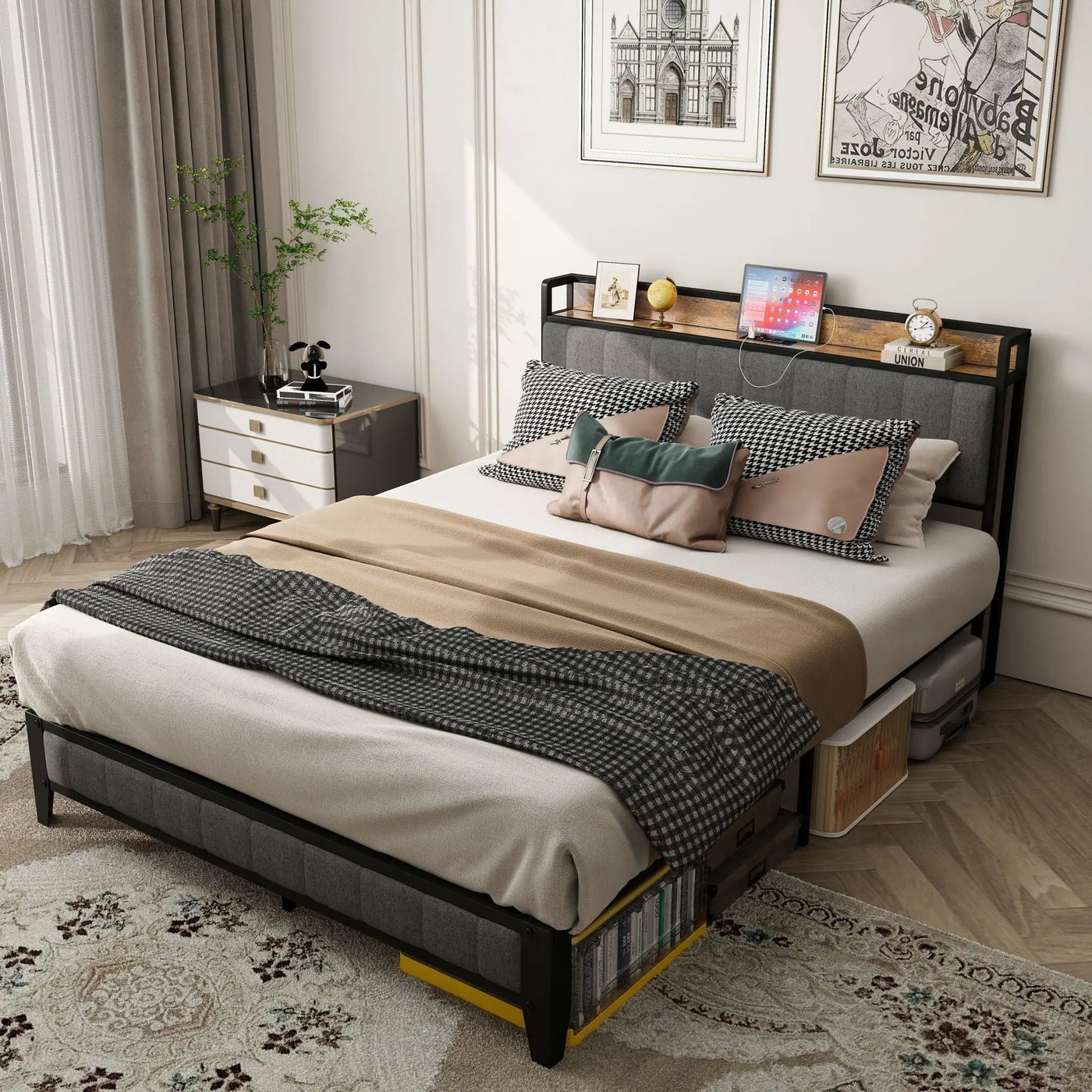 Bed With Charging Station, American Design Upholstered Headboard, Metal Platform by Unique Piece Furniture