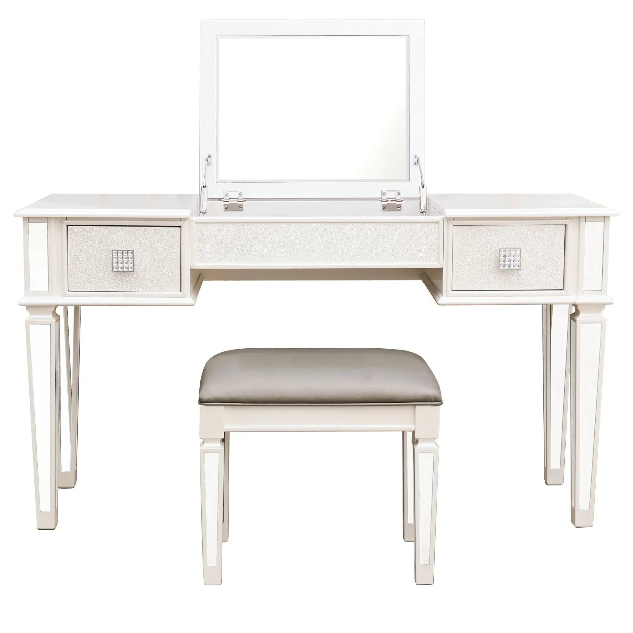 Mirrored Vanity Desk With Drawers And Stool, Flip Up Dressing Table Set For Makeup Room by Unique Piece Furniture