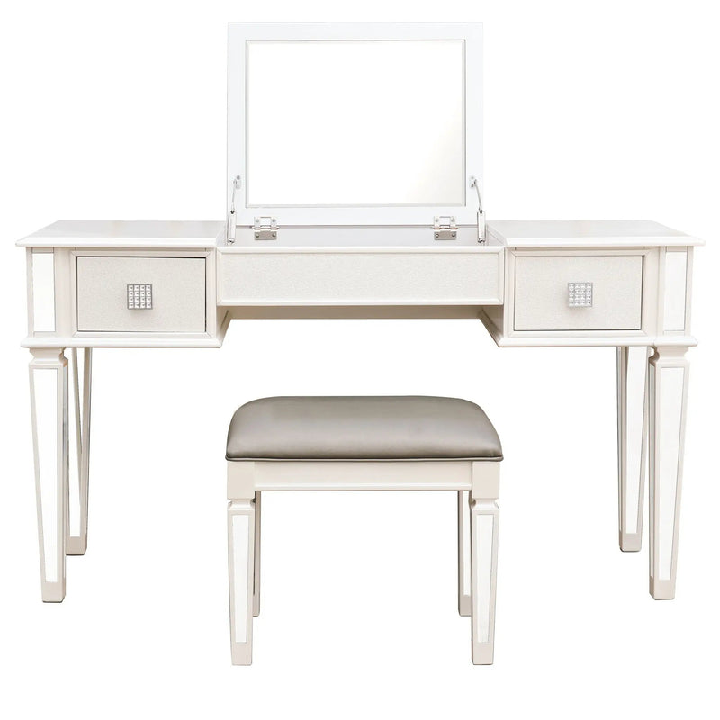 Mirrored Vanity Desk With Drawers And Stool, Flip Up Dressing Table Set For Makeup Room by Unique Piece Furniture