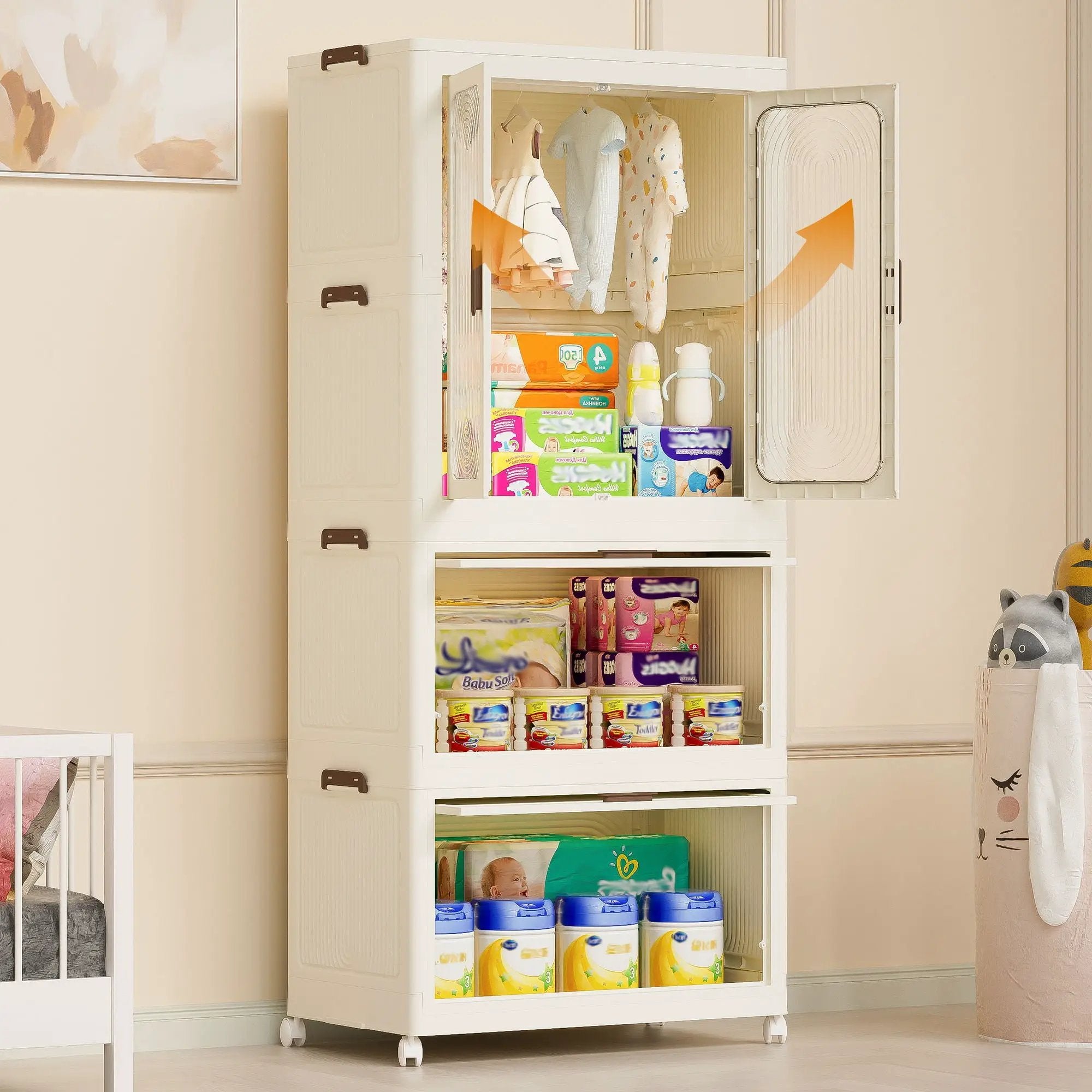 Portable Wardrobe Closet Storage Organizer With Magnetic Doors And Hanging Rod - Cream White by Unique Piece Furniture