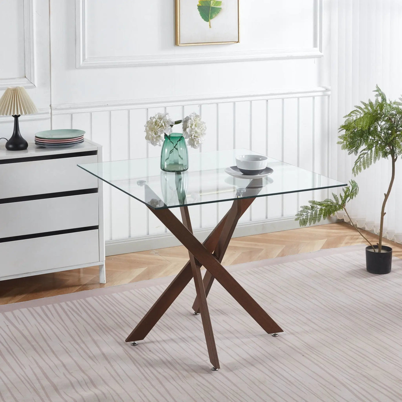 Dining Table With Cross Metal Leg And Tempered Glass, Modern Space Saving Kitchen Table For Living Room Legs, Square Table by HouseOfZazla