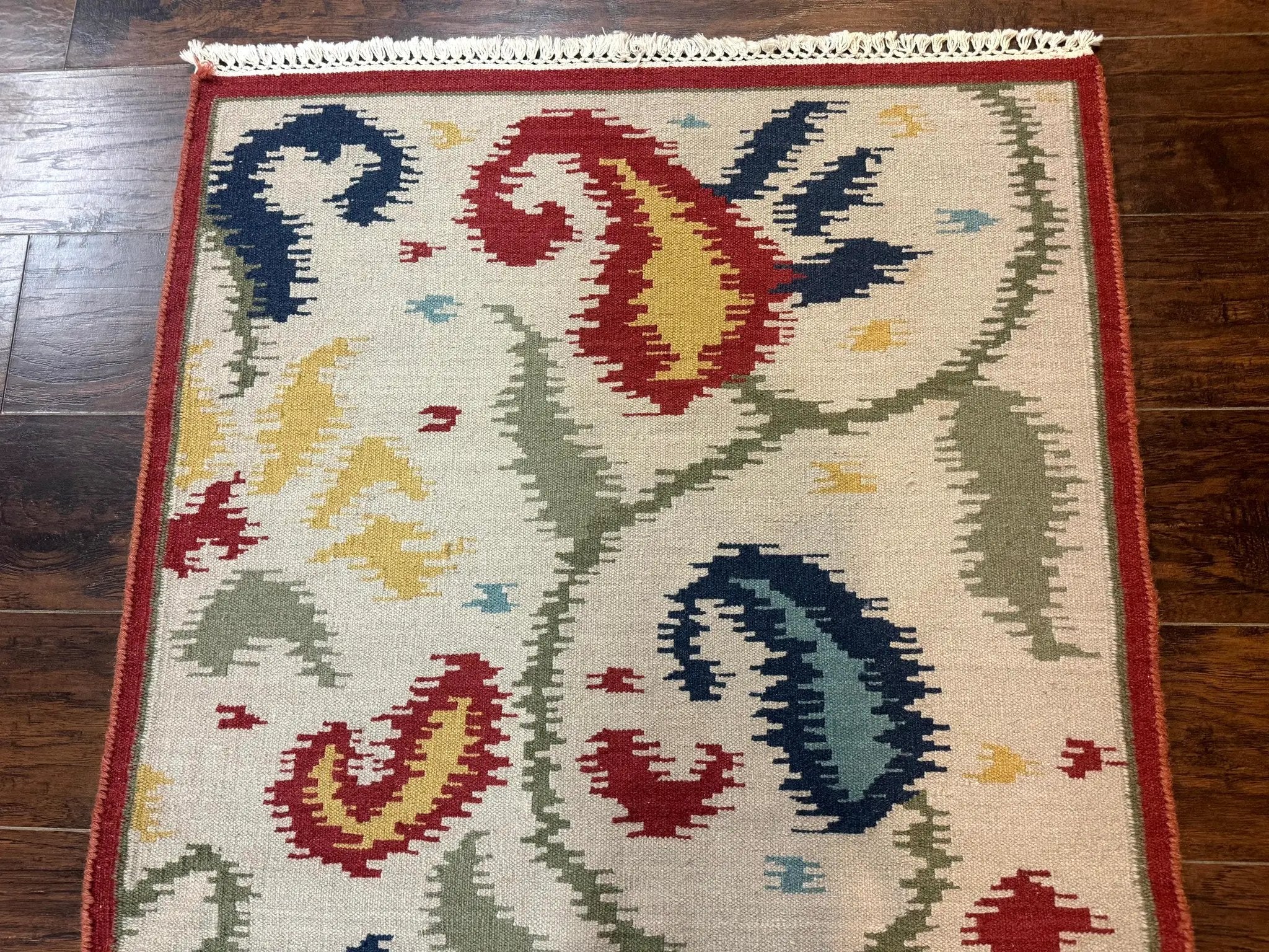 Indian Kilim Flatweave Rug 3x5, Abstract, Beige and Multicolor Flowers, Handmade by Jewel Rugs