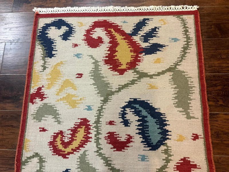 Indian Kilim Flatweave Rug 3x5, Abstract, Beige and Multicolor Flowers, Handmade by Jewel Rugs