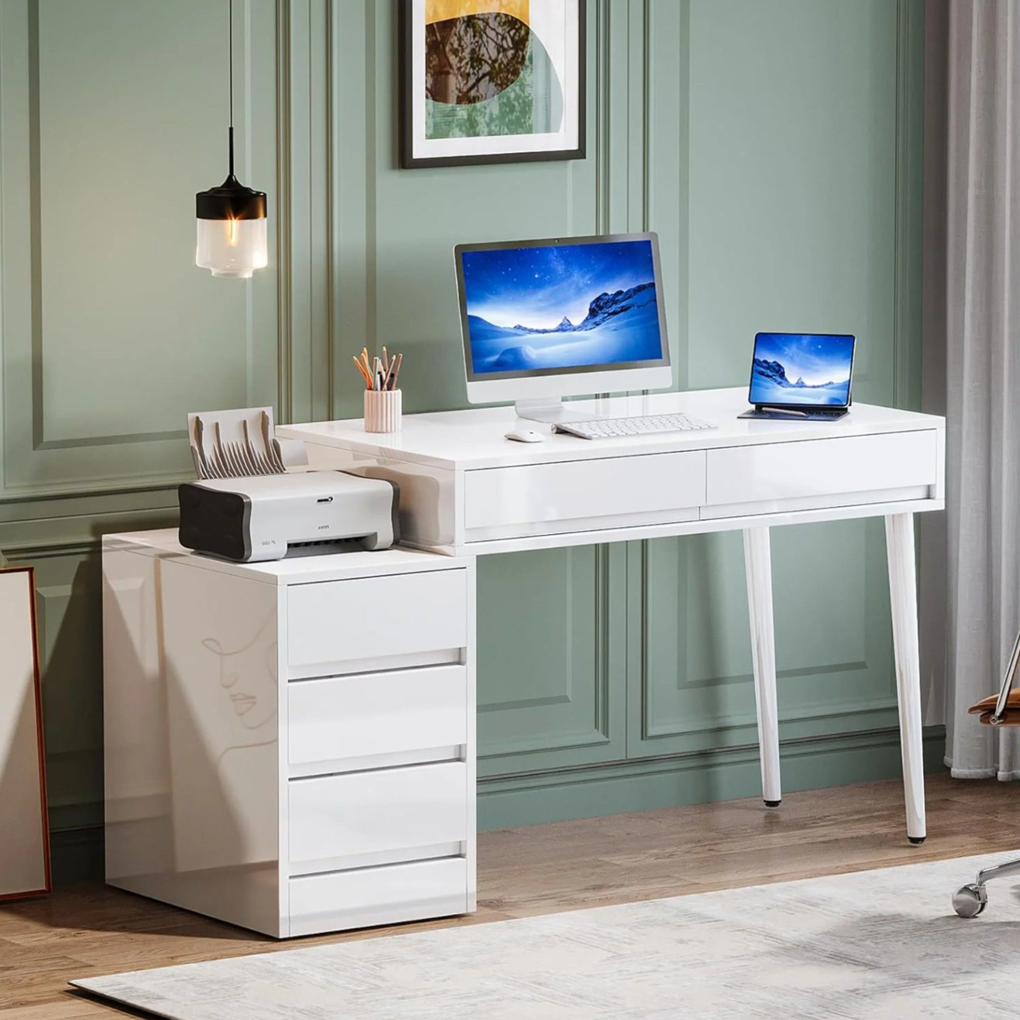 Glossy Desk With 5 Drawers & Printer Stand, Reversible Home Office Computer And Vanity Table For Small Spaces - White by HouseOfZazla