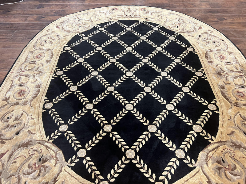 Oval Tibetan Rug 8x10, French Aubusson Design, Wool Handmade Vintage Carpet, Black & Beige, Soft Wool Pile by Jewel Rugs
