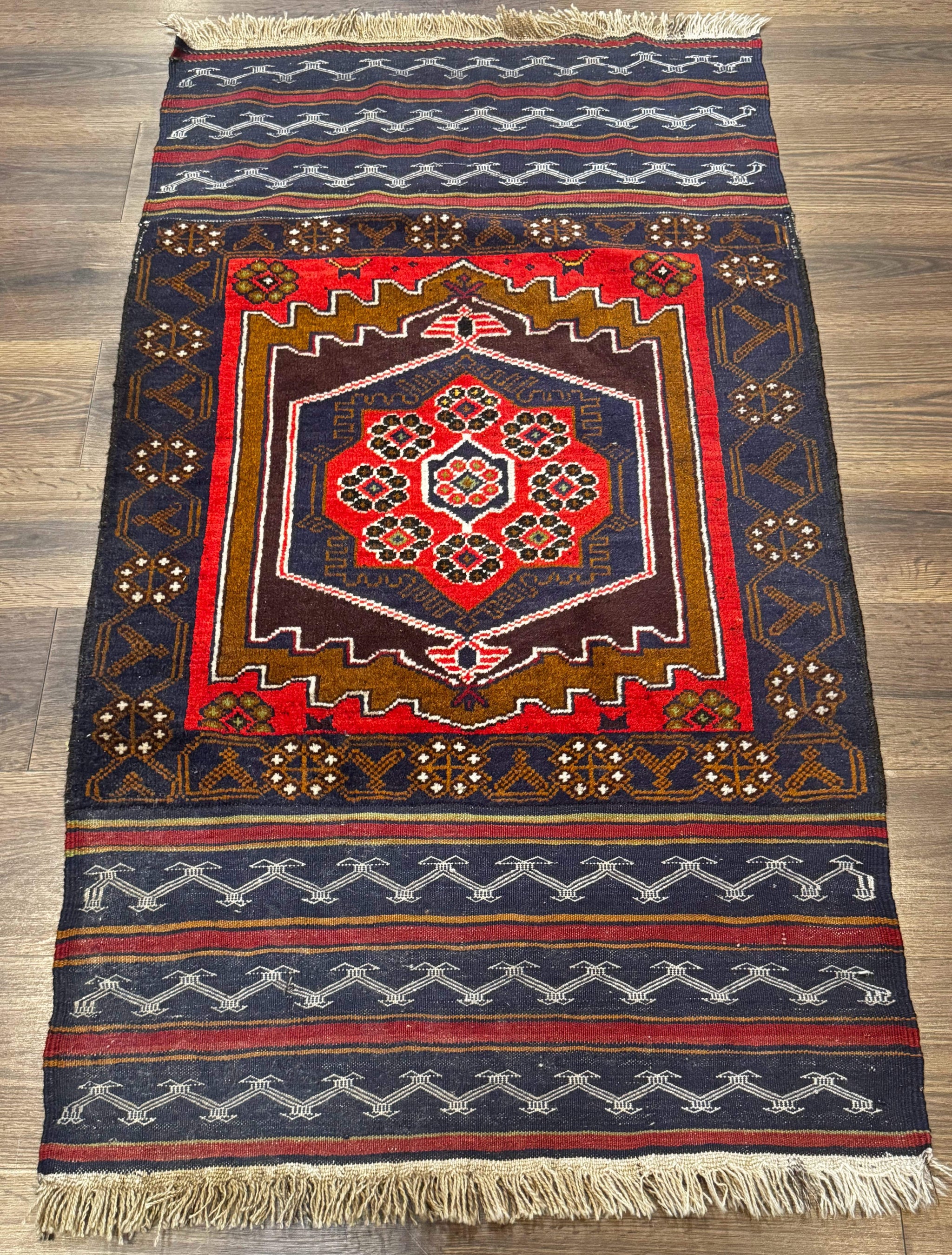 Afghan Rug 3x5, Tribal, Navy Blue, Wool, Handmade, Geometric, Rustic by Jewel Rugs