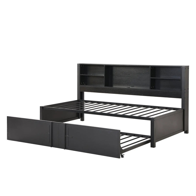 Industrial Metal Daybed With Trundle, Storage Shelves, USB Ports by HouseOfZazla