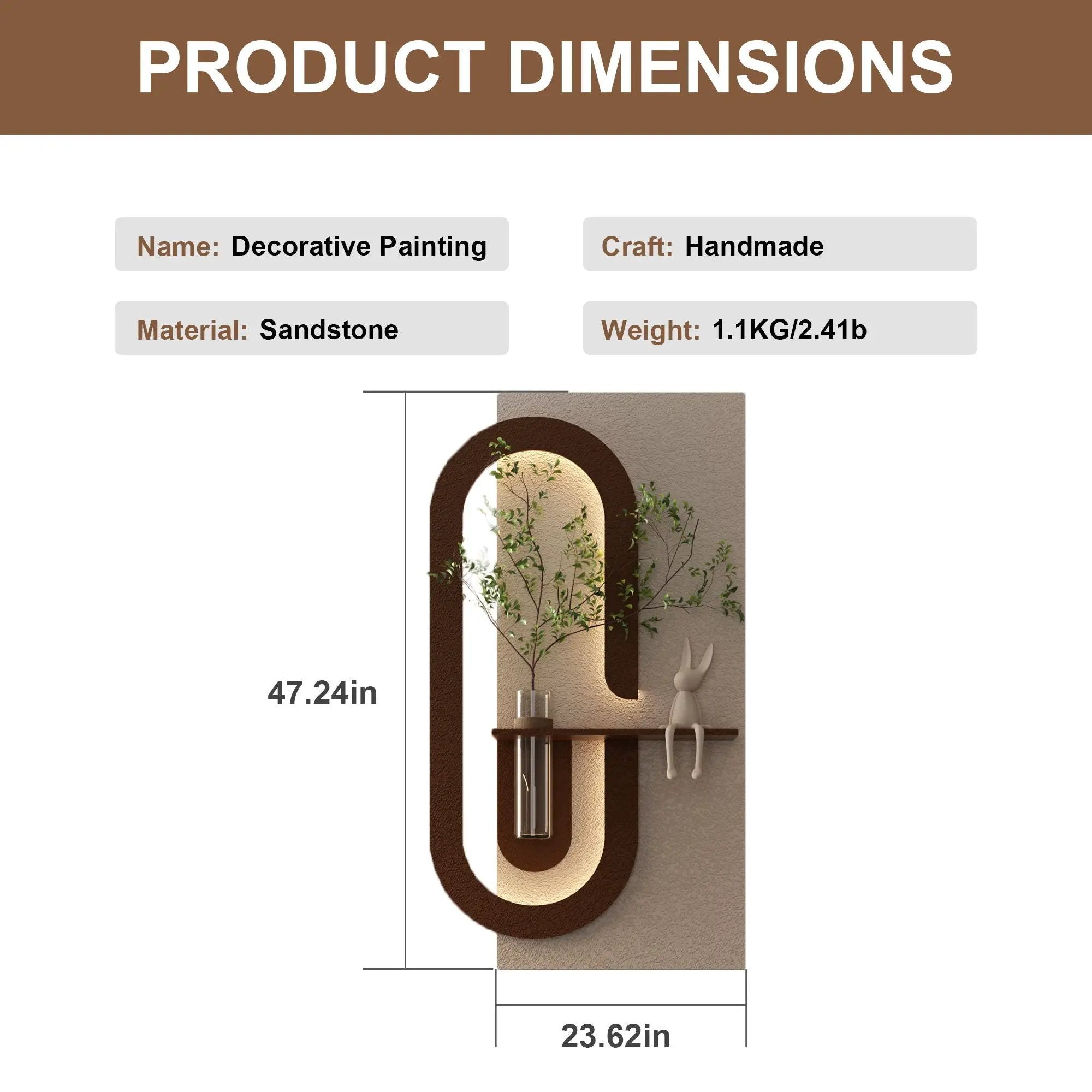 Adjustable LED Sandstone Wall Decor With Simulated Plants 3D Art Sculpture, Glass Vase & Rabbit Statue, Remote Control - Light Coffee by HouseOfZazla