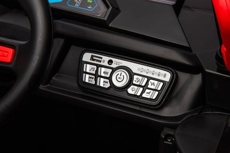 12V7A*1 30W*4 Four-Wheel Drive Seat One Button Start, Forward And Backward, High And Low Speed, Music, Front Light, Power Display, Two Doors Can Open, 2.4G R / C, Seat Belt Four Wheel Absorber by HouseOfZazla