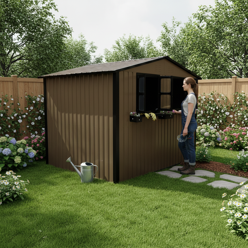 6x9 FT Outdoor Metal Storage Shed with Window & Flower Rack by HouseOfZazla