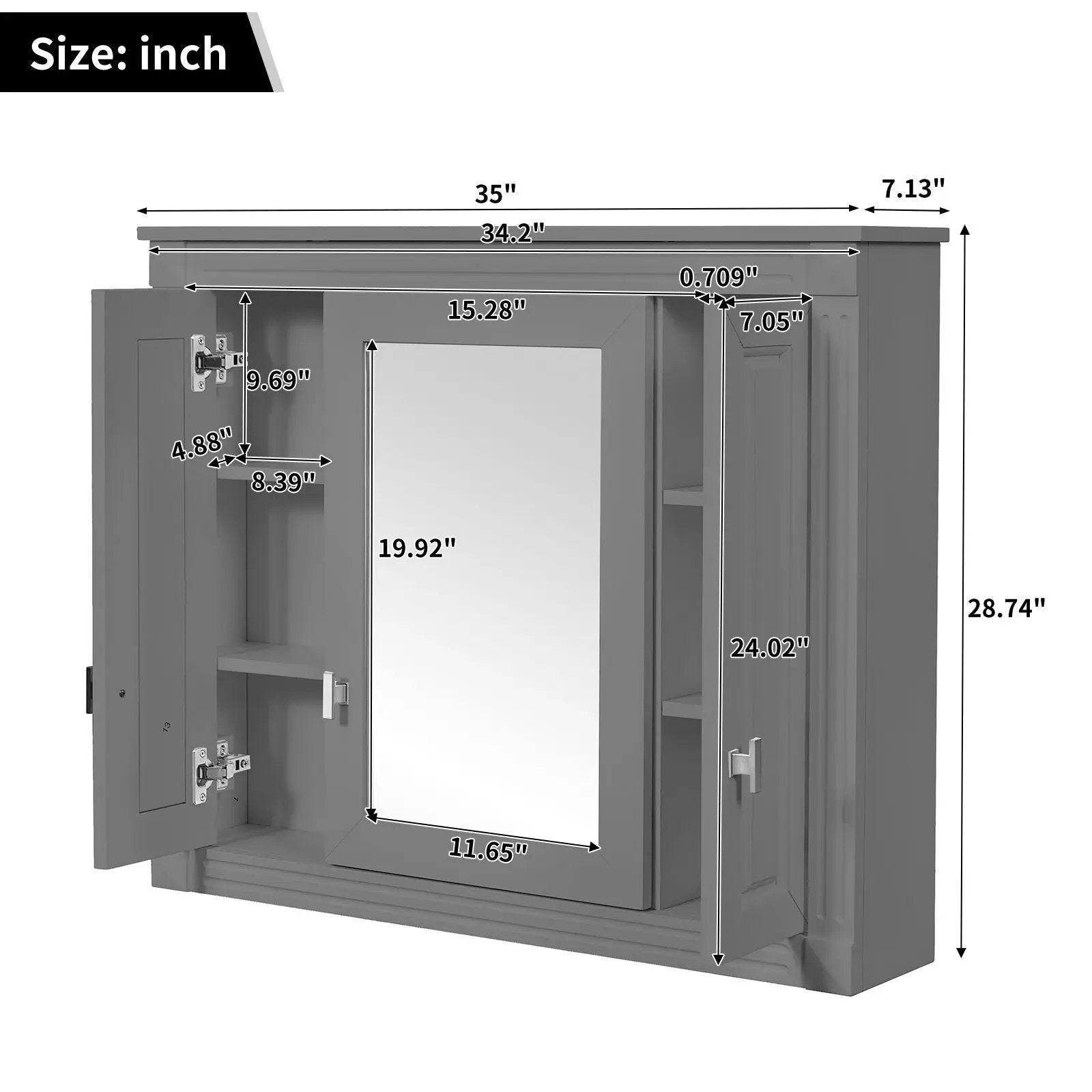 Wall Mounted Bathroom Cabinet With Mirror And 4 Shelves, Rectangular Design - Gray by HouseOfZazla