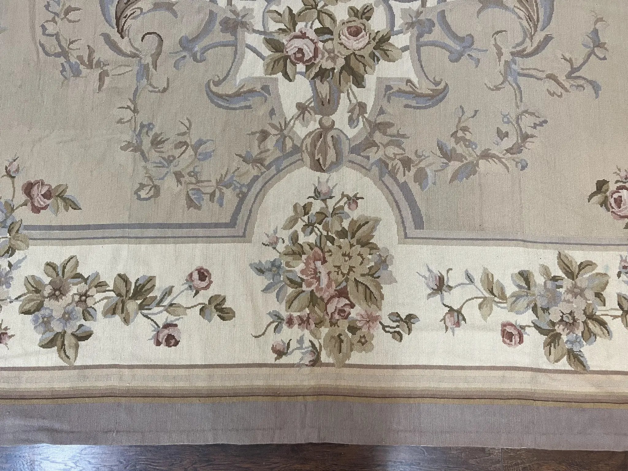 Aubusson Needlepoint Rug 9x12, VIntage Handmade Wool Beige Floral European Elegant Rug 9 x 12, Floral Roses by Jewel Rugs