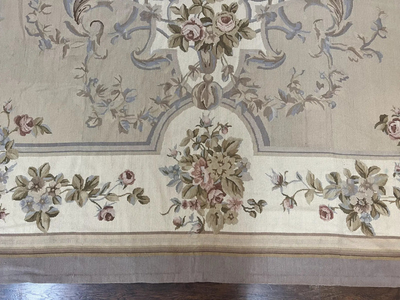 Aubusson Needlepoint Rug 9x12, VIntage Handmade Wool Beige Floral European Elegant Rug 9 x 12, Floral Roses by Jewel Rugs
