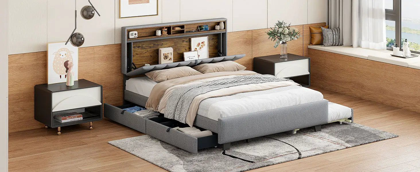 Upholstered Platform Bed With Storage Headboard, Trundle & 2 Drawers And A Set Of Sockets & USB Ports by HouseOfZazla