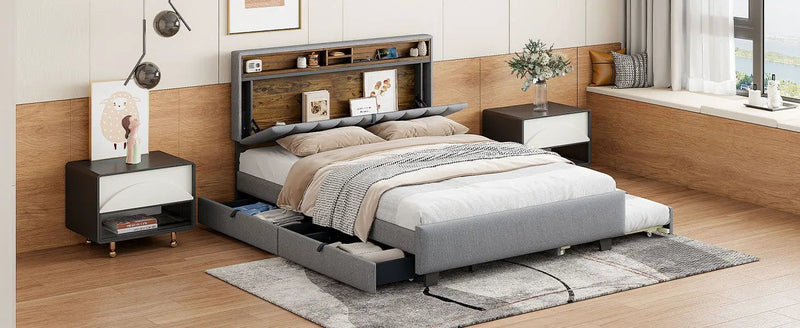 Upholstered Platform Bed With Storage Headboard, Trundle & 2 Drawers And A Set Of Sockets & USB Ports by HouseOfZazla