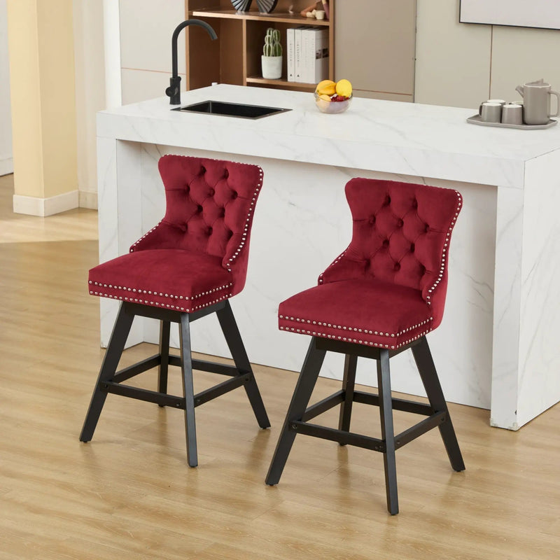 Swivel Velvet Barstools with Button Tufted Decoration - Set of 2 (Wine Red) by HouseOfZazla