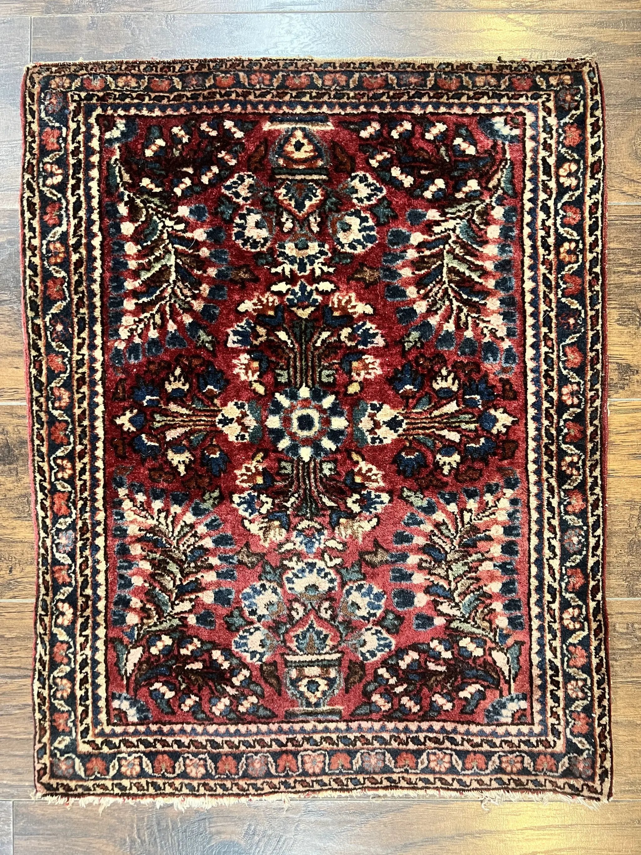 Antique Persian Sarouk Rug 2 x 2.5, Small Sarouk Carpet, Red Floral 1920s Red, Fine 170 KPSI, Wool Handmade Rug by Jewel Rugs